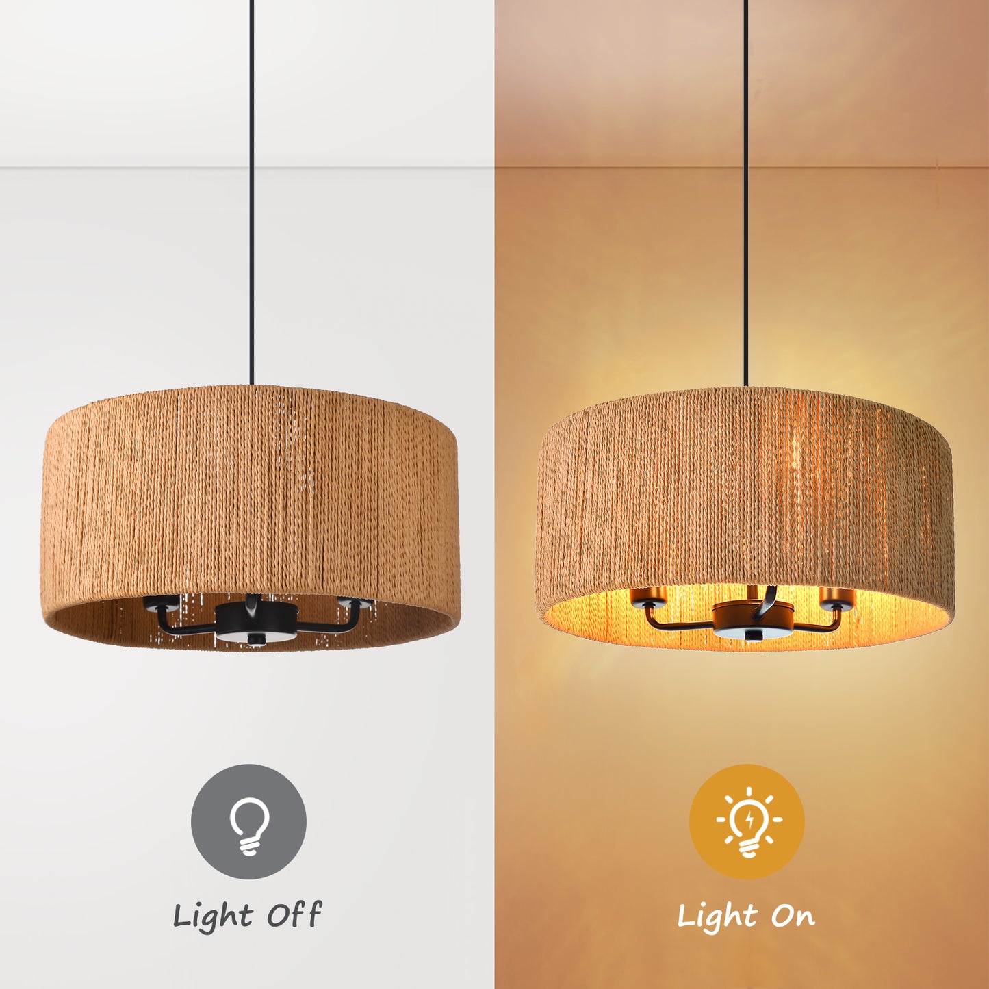 (Q) 15.75-Inch Hemp Rope Pendant Light, Retro Style Cylindrical Lampshade Hemp Rope Pendant Light, Suitable For Living Room, Dining Room, Kitchen