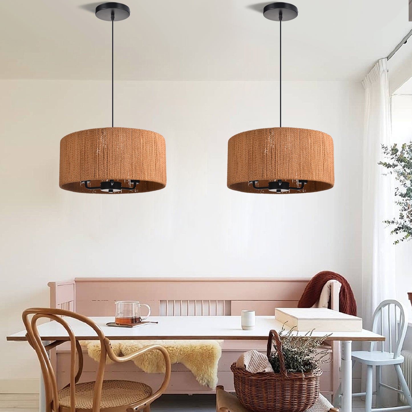 (Q) 15.75-Inch Hemp Rope Pendant Light, Retro Style Cylindrical Lampshade Hemp Rope Pendant Light, Suitable For Living Room, Dining Room, Kitchen