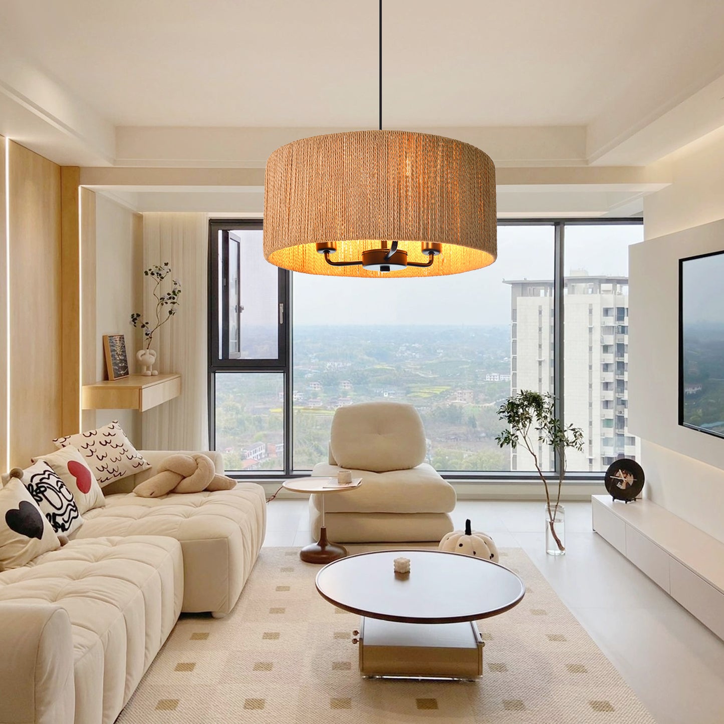 (Q) 15.75-Inch Hemp Rope Pendant Light, Retro Style Cylindrical Lampshade Hemp Rope Pendant Light, Suitable For Living Room, Dining Room, Kitchen