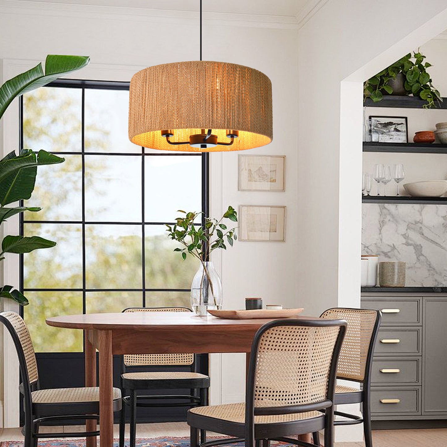(Q) 15.75-Inch Hemp Rope Pendant Light, Retro Style Cylindrical Lampshade Hemp Rope Pendant Light, Suitable For Living Room, Dining Room, Kitchen
