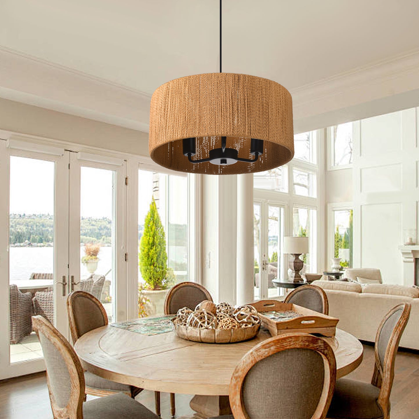 (Q) 15.75-Inch Hemp Rope Pendant Light, Retro Style Cylindrical Lampshade Hemp Rope Pendant Light, Suitable For Living Room, Dining Room, Kitchen