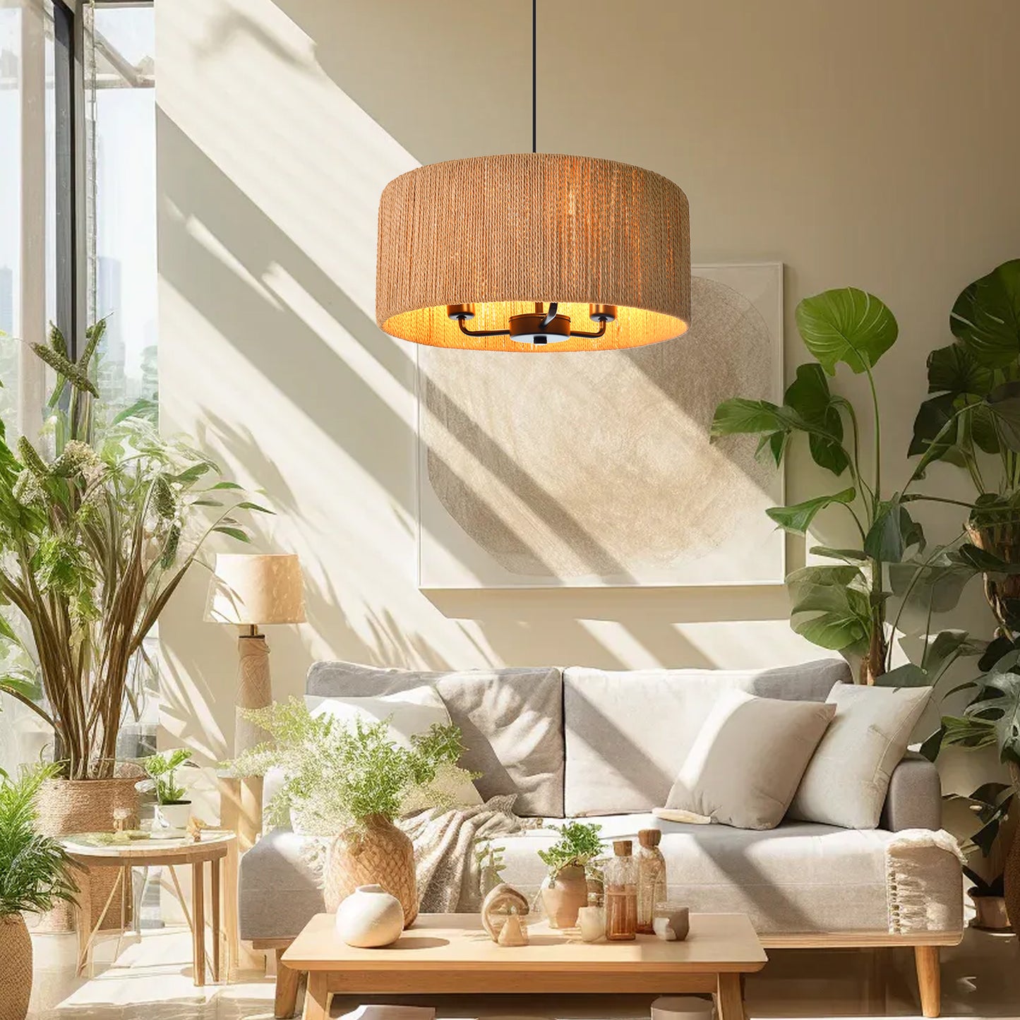(Q) 15.75-Inch Hemp Rope Pendant Light, Retro Style Cylindrical Lampshade Hemp Rope Pendant Light, Suitable For Living Room, Dining Room, Kitchen