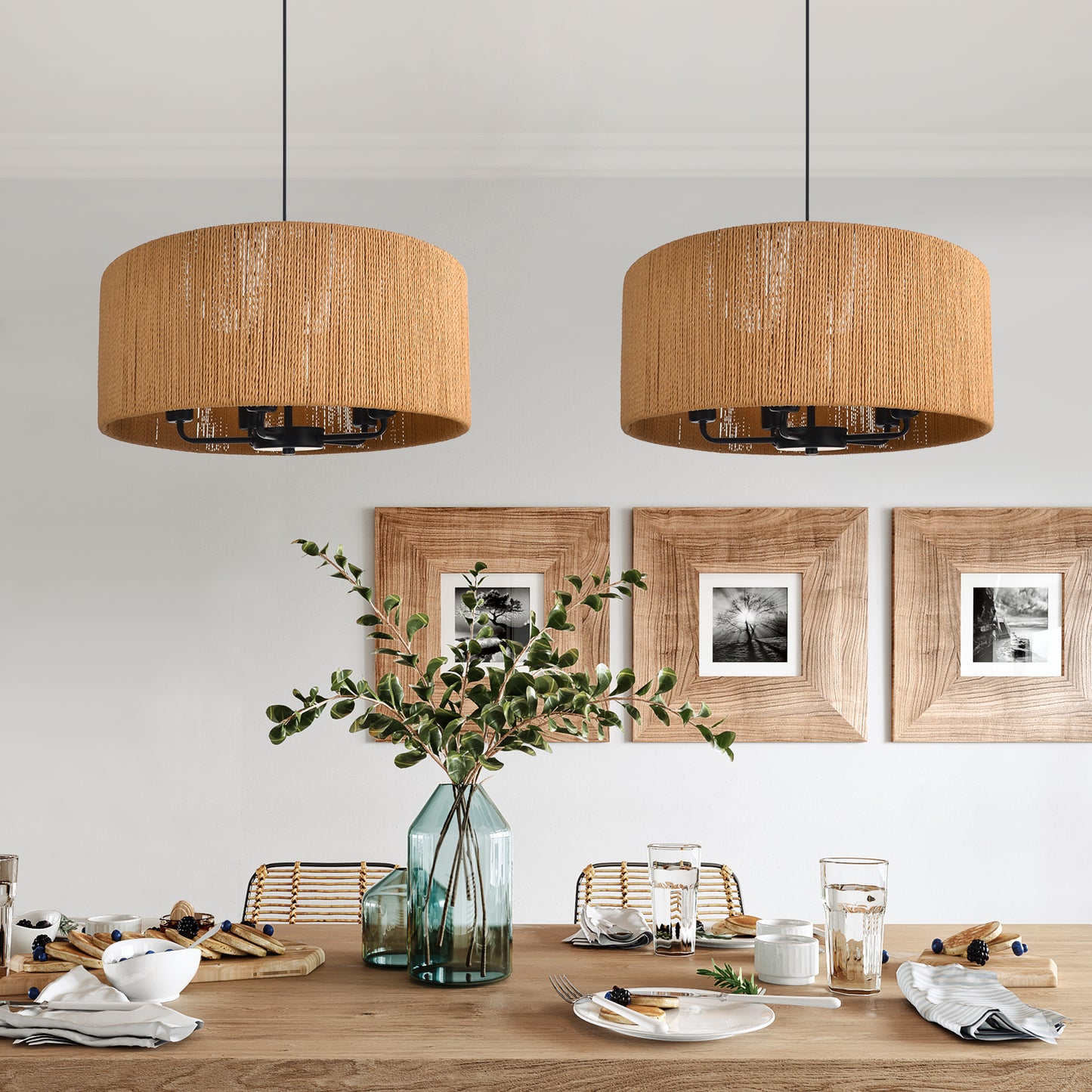 (Q) 15.75-Inch Hemp Rope Pendant Light, Retro Style Cylindrical Lampshade Hemp Rope Pendant Light, Suitable For Living Room, Dining Room, Kitchen
