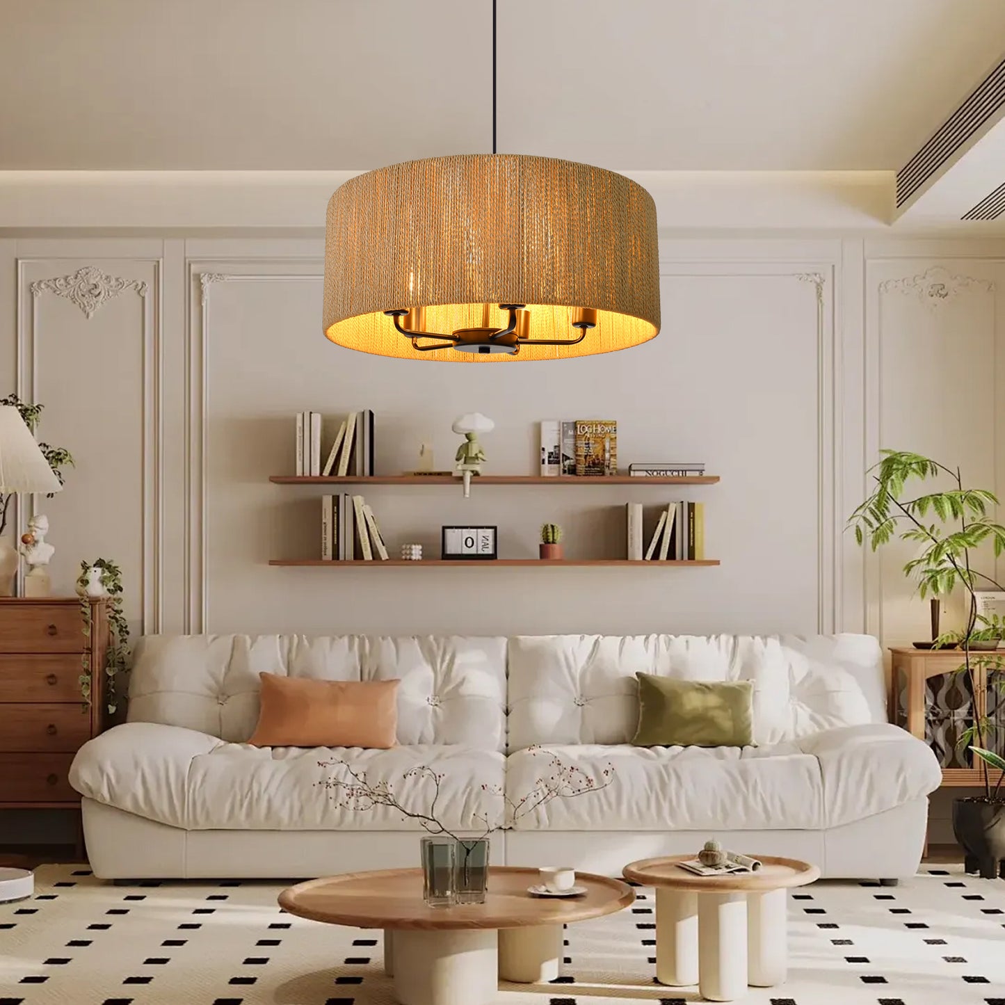 (Q) 15.75-Inch Hemp Rope Pendant Light, Retro Style Cylindrical Lampshade Hemp Rope Pendant Light, Suitable For Living Room, Dining Room, Kitchen