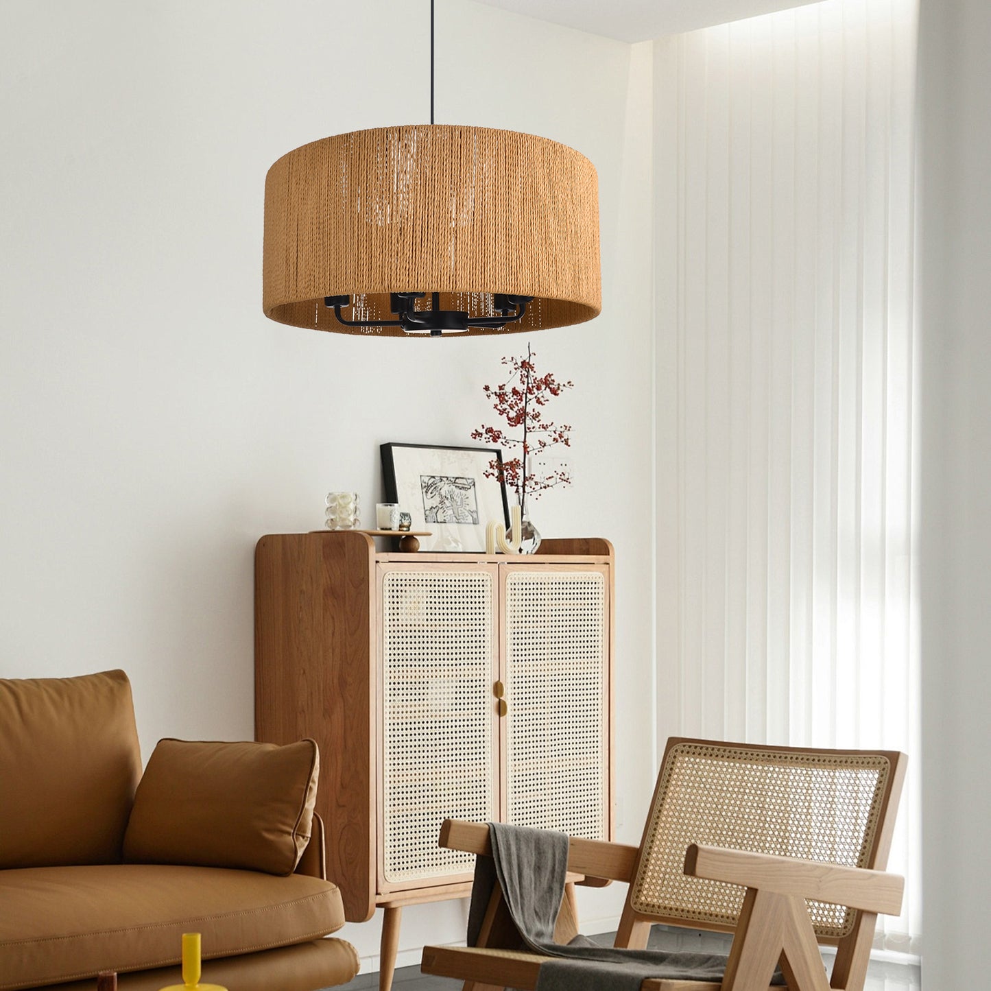 (Q) 15.75-Inch Hemp Rope Pendant Light, Retro Style Cylindrical Lampshade Hemp Rope Pendant Light, Suitable For Living Room, Dining Room, Kitchen