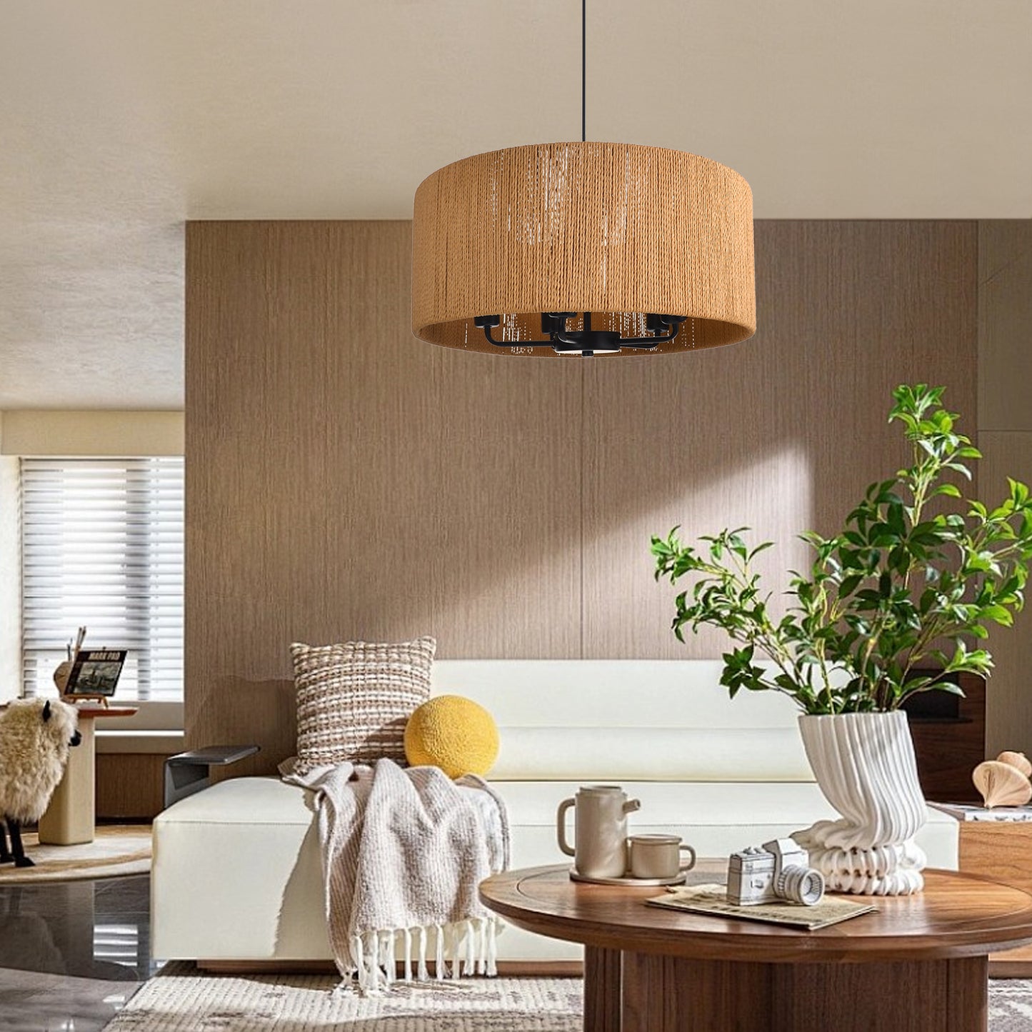 (Q) 15.75-Inch Hemp Rope Pendant Light, Retro Style Cylindrical Lampshade Hemp Rope Pendant Light, Suitable For Living Room, Dining Room, Kitchen