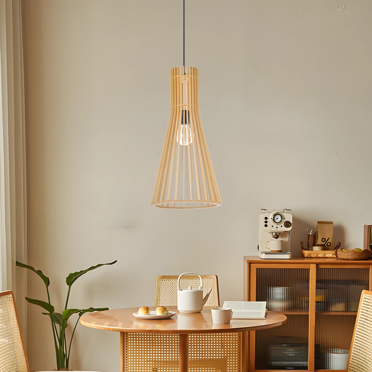 (Z)Adjustable Bamboo Pendant Light - Natural Wooden Finish, Modern Design