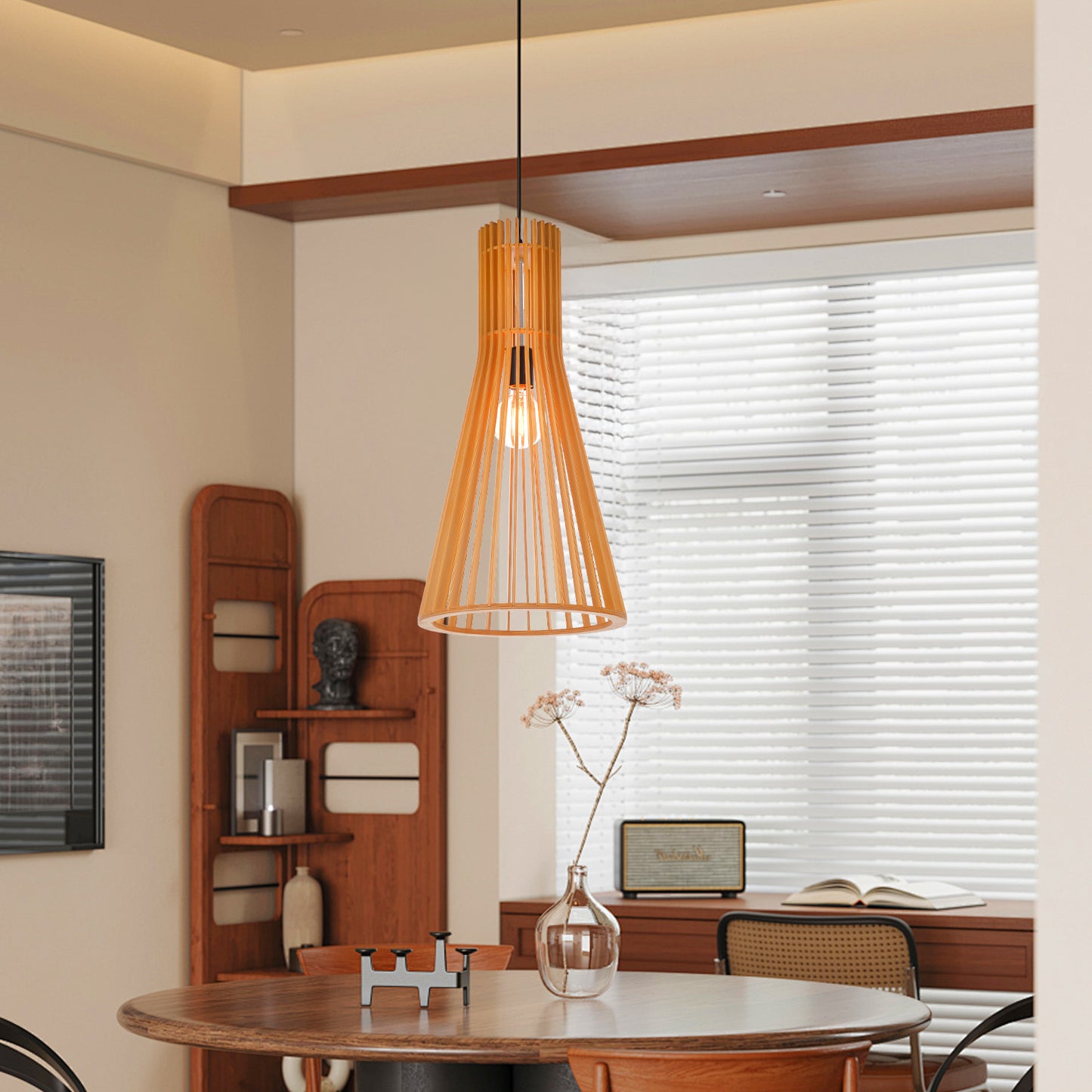 (Z)Adjustable Bamboo Pendant Light - Natural Wooden Finish, Modern Design