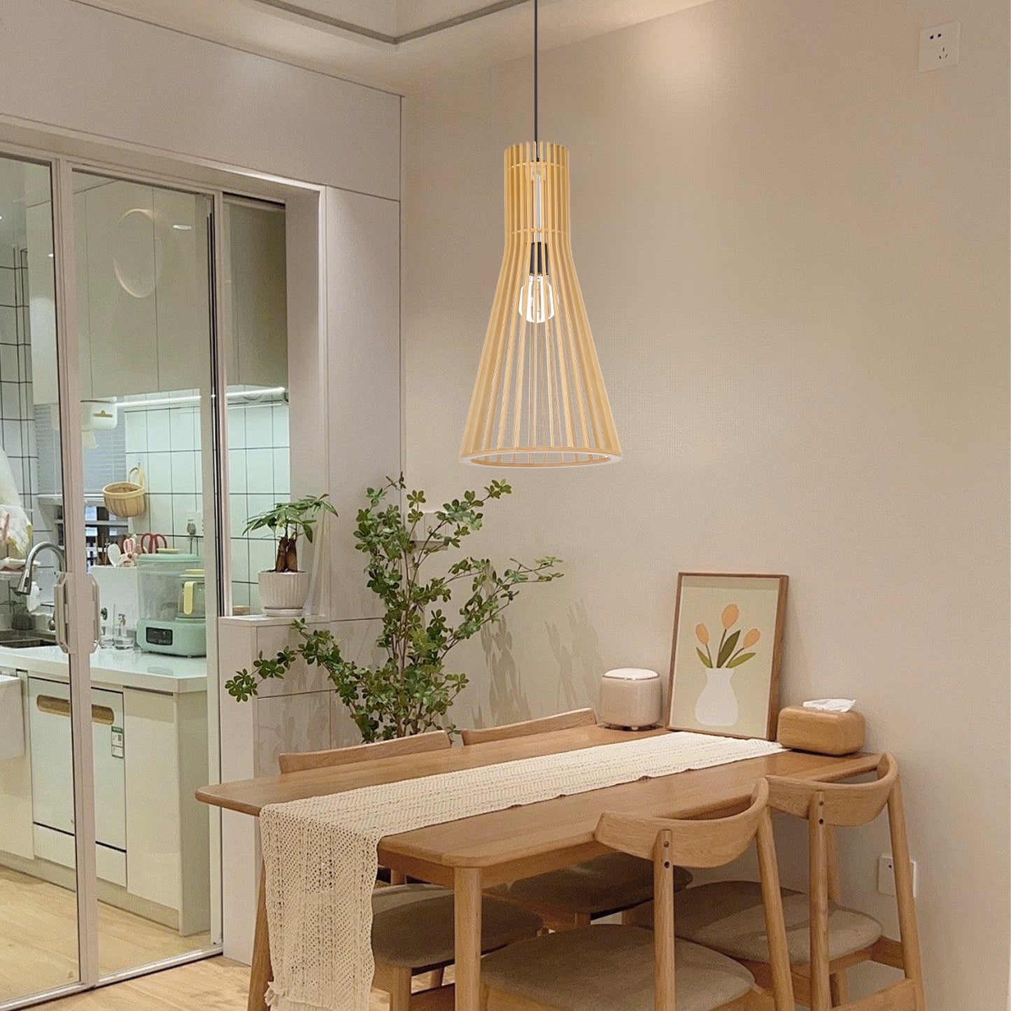 (Z)Adjustable Bamboo Pendant Light - Natural Wooden Finish, Modern Design