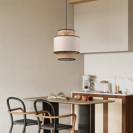 (X)Natural Woven Rattan Pendant Light with Linen Shade - Organic Cylinder Lighting for Dining and Bedroom