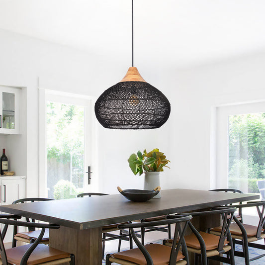 (X) Black Handcrafted Rattan Gourd Shaped Chandelier, Natural Modern Minimalist Lamps for Bedroom and Living Room