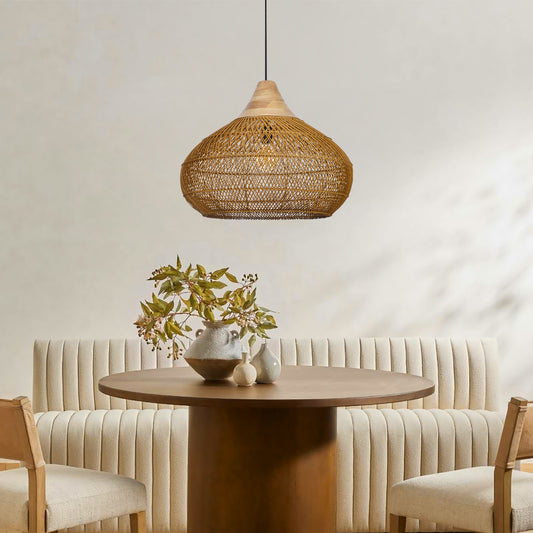 (X) Vintage Handmade Rattan Gourd Shaped Chandelier, Natural Modern Minimalist Lamps for Bedroom and Living Room