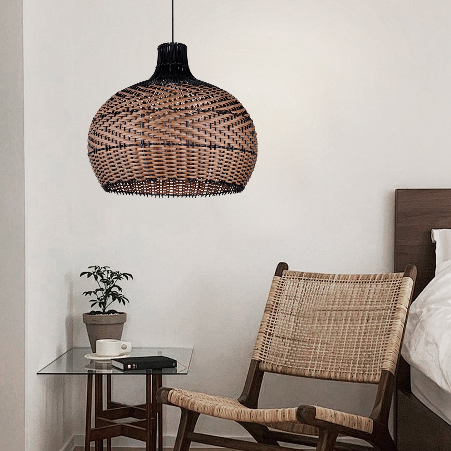 (Q)15.75 Inch Woven Rattan Pendant Light,Retro Style Creative Lantern Lampshade,Suitable for Living Room,Bedroom,Bining room, Farmhouse