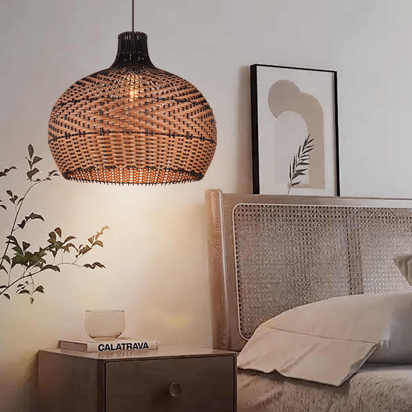 (Q)15.75 Inch Woven Rattan Pendant Light,Retro Style Creative Lantern Lampshade,Suitable for Living Room,Bedroom,Bining room, Farmhouse