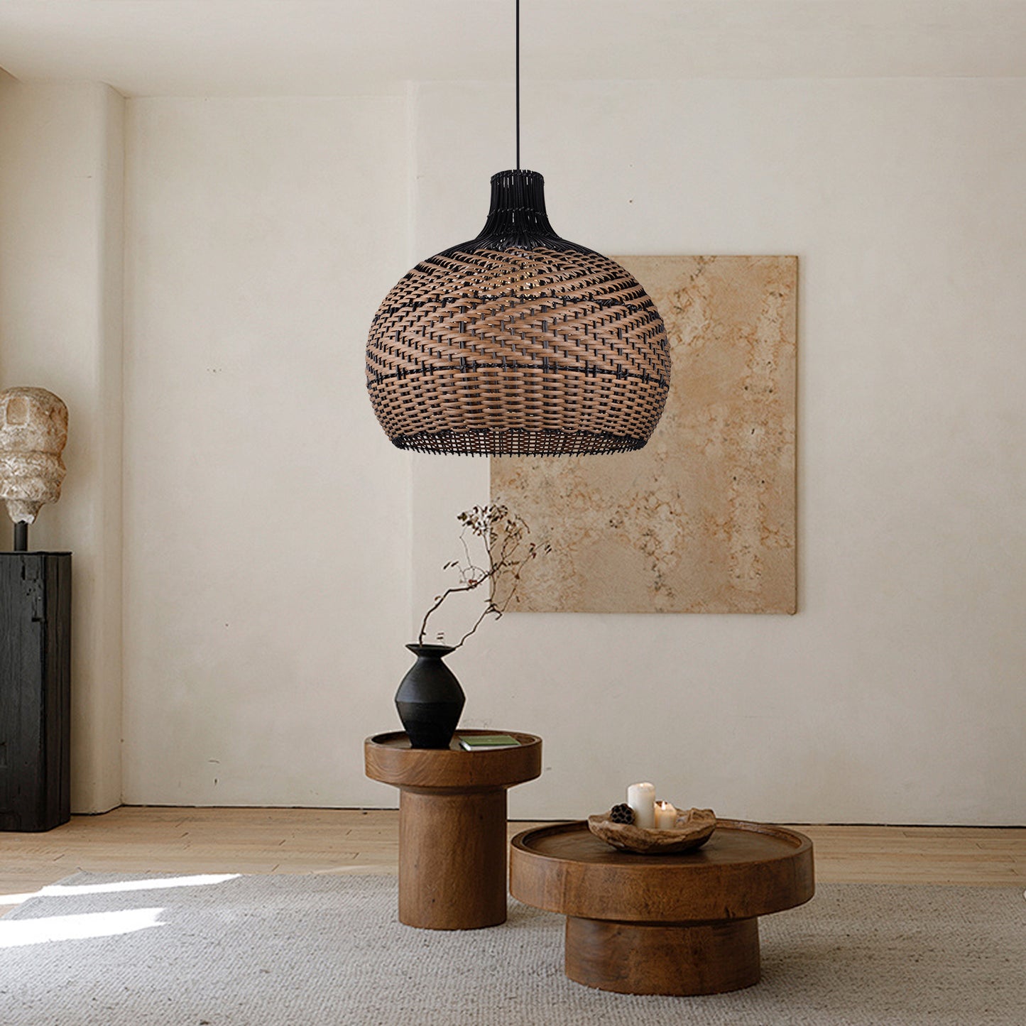 (Q)15.75 Inch Woven Rattan Pendant Light,Retro Style Creative Lantern Lampshade,Suitable for Living Room,Bedroom,Bining room, Farmhouse