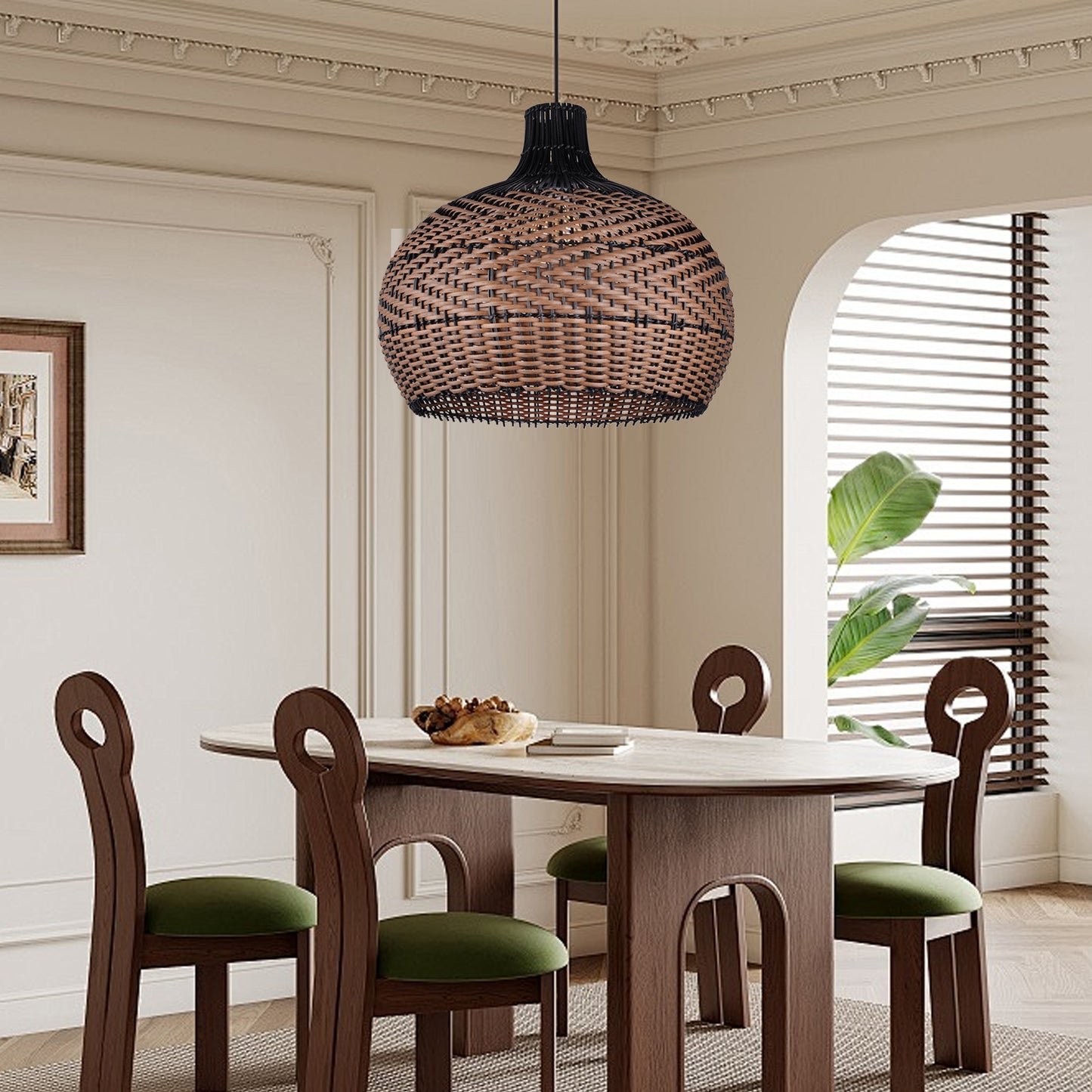 (Q)15.75 Inch Woven Rattan Pendant Light,Retro Style Creative Lantern Lampshade,Suitable for Living Room,Bedroom,Bining room, Farmhouse