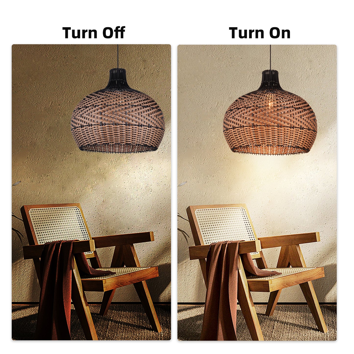 (Q)15.75 Inch Woven Rattan Pendant Light,Retro Style Creative Lantern Lampshade,Suitable for Living Room,Bedroom,Bining room, Farmhouse