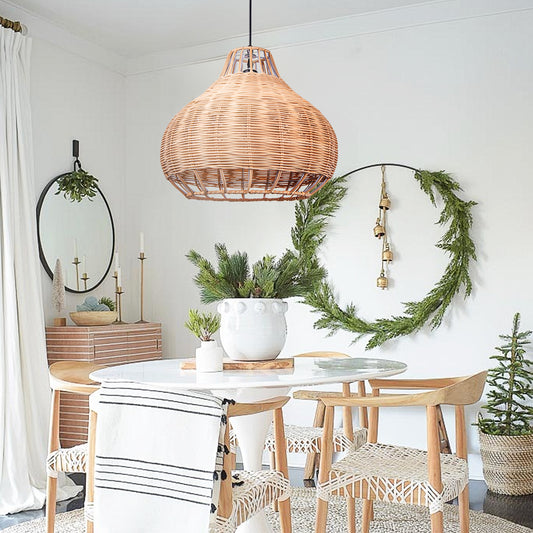 (Q)15.75 Inch Rattan Pendant Light,Bohemian Rattan Woven Pendant Light Fixture,Suitable for Kitchen Island,Farmhouse,Dining Room,Bedroom