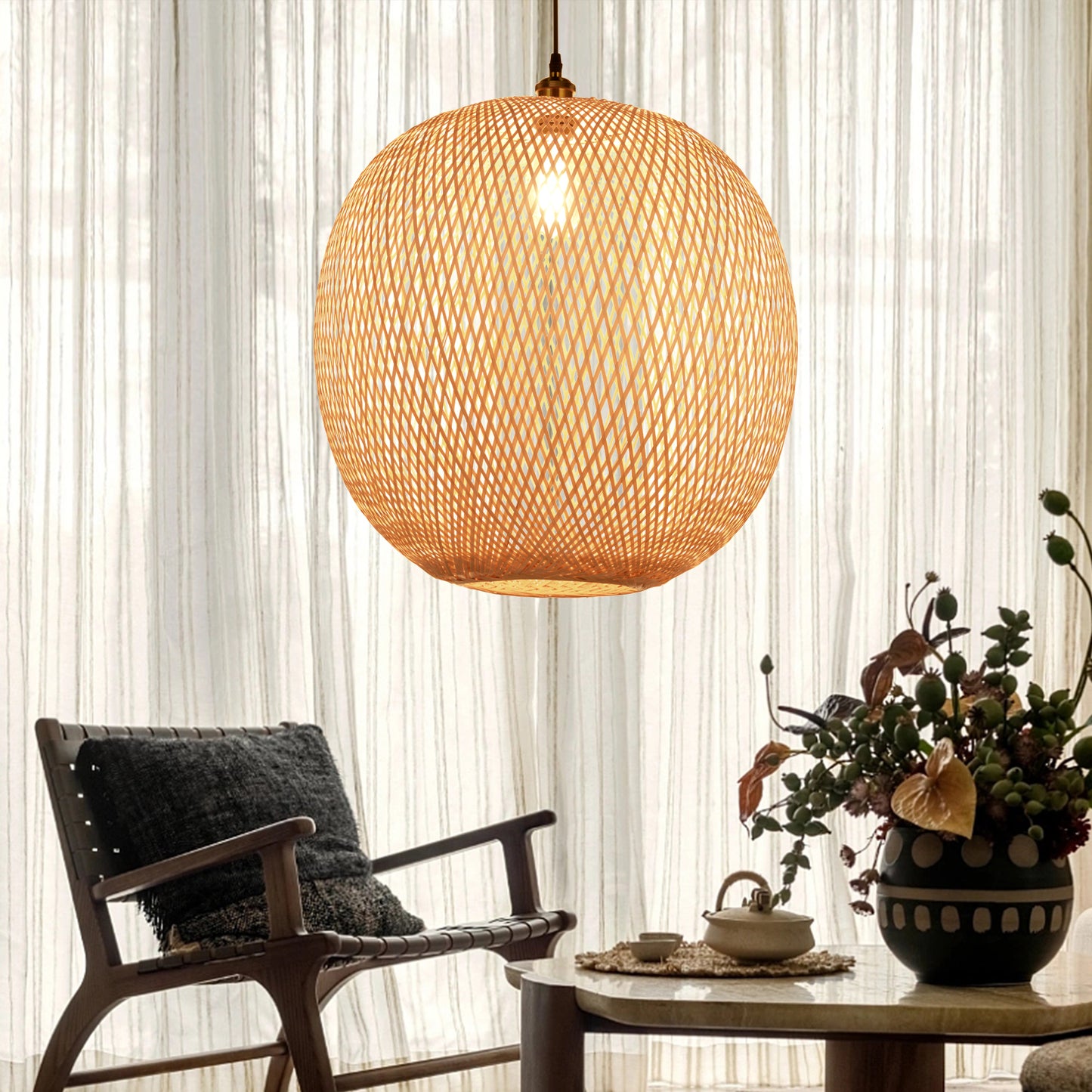 (Z)ARTURESTHOME Natural Bamboo Hand-Woven Chandelier Ceiling Light Fixture Simple Modern Chinese Lamps and Lanterns Decoration