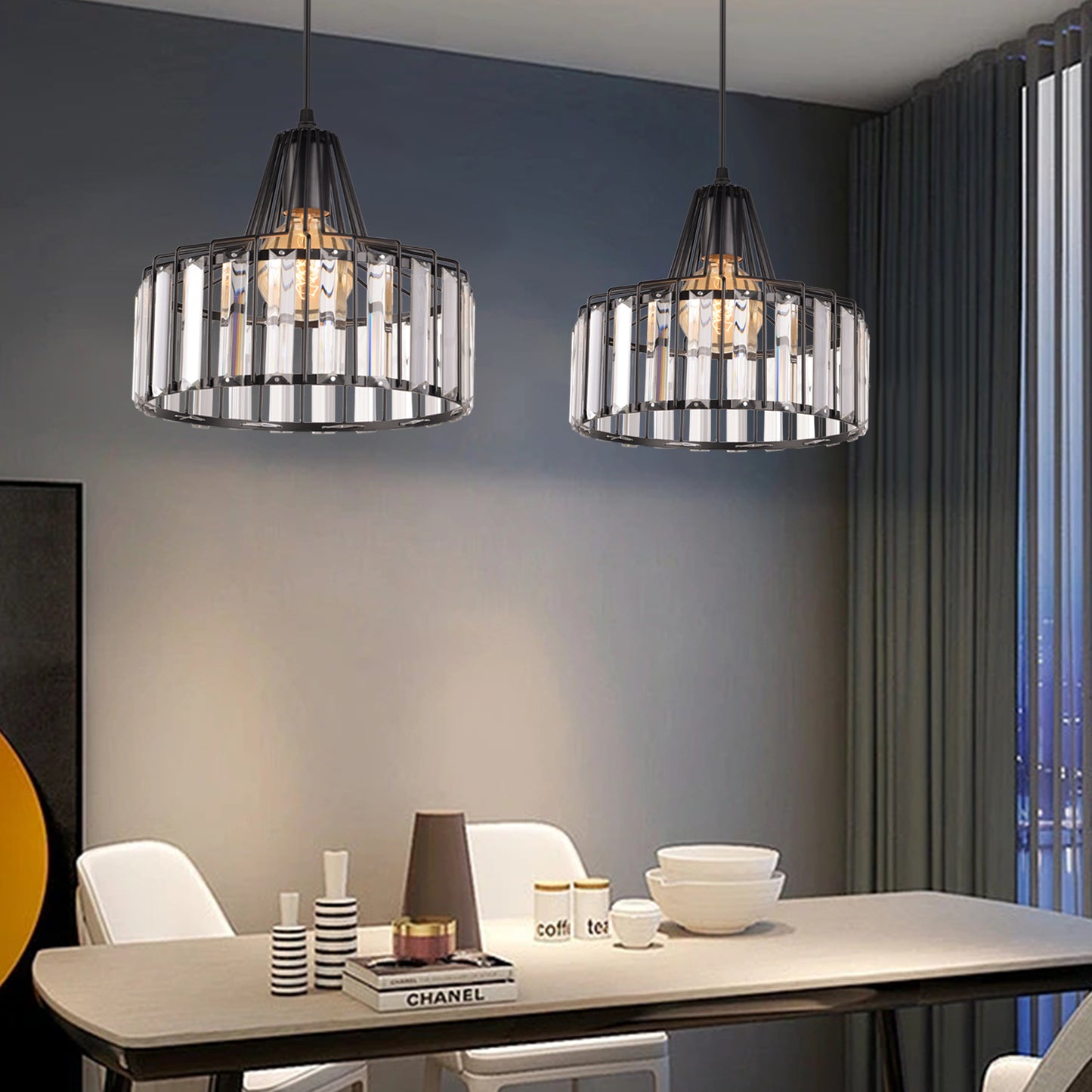 （Q)Modern Nordic Style Black Crystal Chandelier, Creative Personalized Lampshade, Suitable for Dining Rooms, Living Rooms, Kitchens