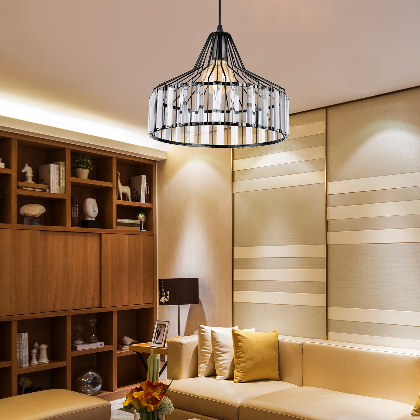 （Q)Modern Nordic Style Black Crystal Chandelier, Creative Personalized Lampshade, Suitable for Dining Rooms, Living Rooms, Kitchens