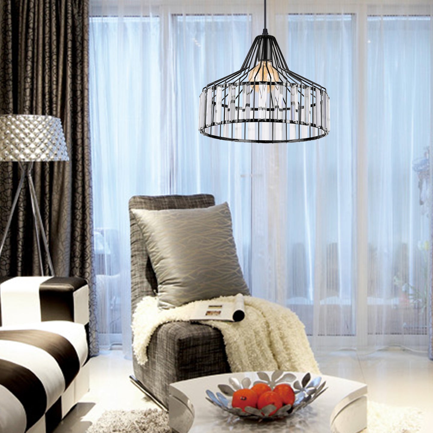 （Q)Modern Nordic Style Black Crystal Chandelier, Creative Personalized Lampshade, Suitable for Dining Rooms, Living Rooms, Kitchens