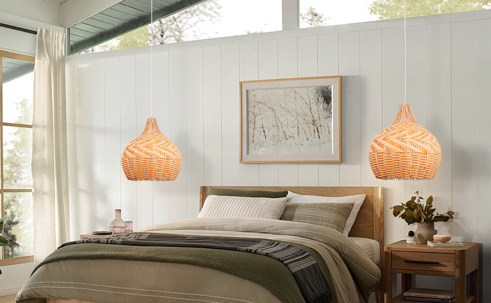 (Q)Bohemian Handmade Rattan and Bamboo Pendant Light, Retro Style Garden Pendant Light, Suitable for Dining Rooms, Living Rooms, and Farmhouses.