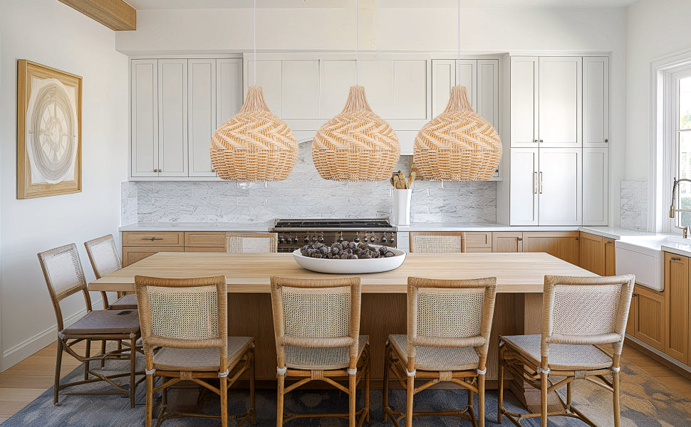 (Q)Bohemian Handmade Rattan and Bamboo Pendant Light, Retro Style Garden Pendant Light, Suitable for Dining Rooms, Living Rooms, and Farmhouses.