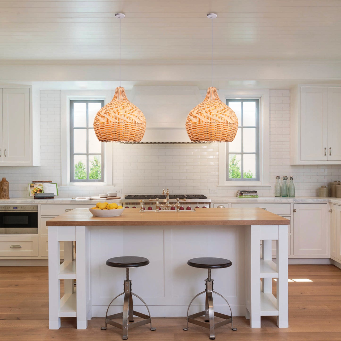 (Q)Bohemian Handmade Rattan and Bamboo Pendant Light, Retro Style Garden Pendant Light, Suitable for Dining Rooms, Living Rooms, and Farmhouses.