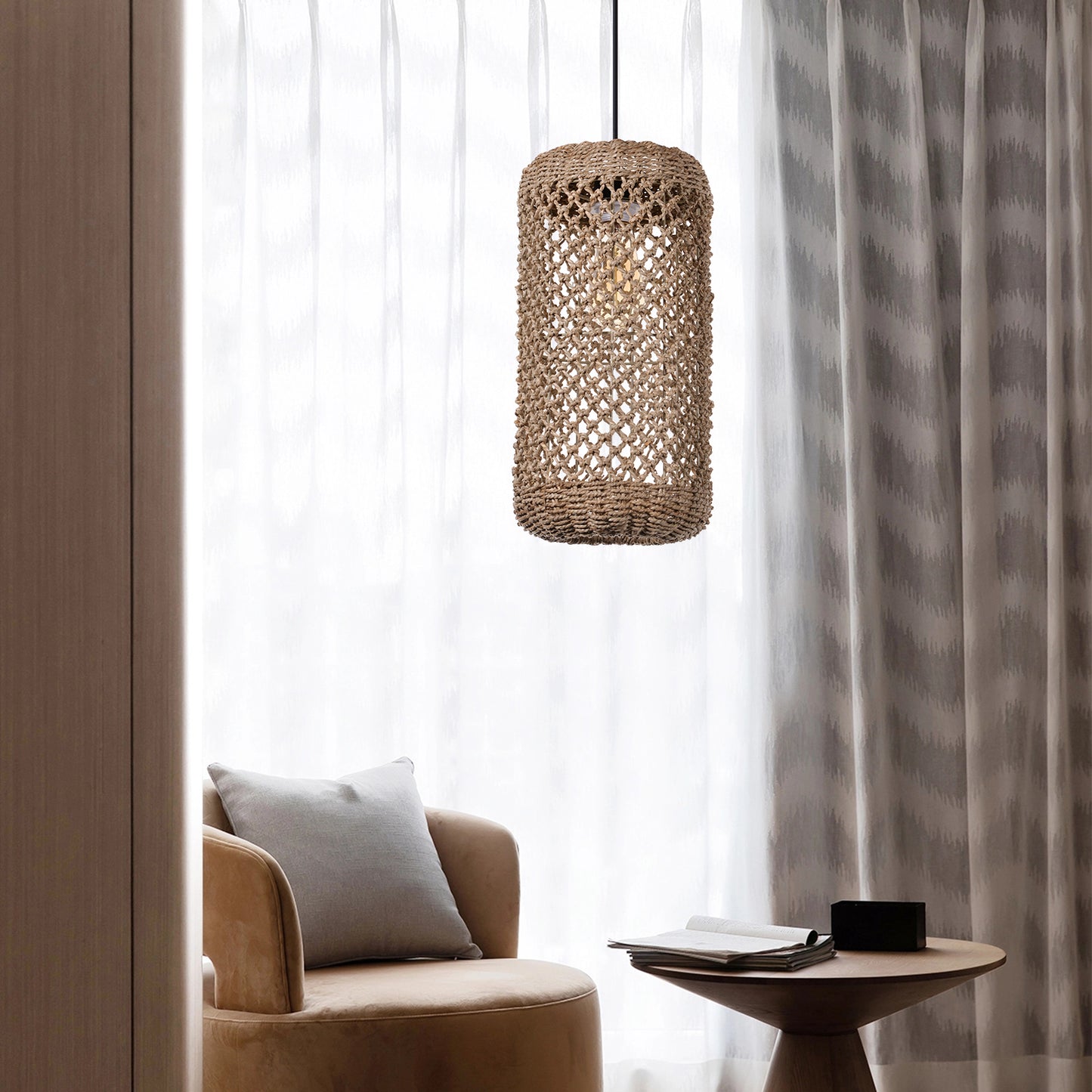 (Z)ARTURESTHOME Handmade Woven Rattan Pendant Light Boho Style Natural Fiber Hanging Lamp Rustic Ceiling Light Fixture