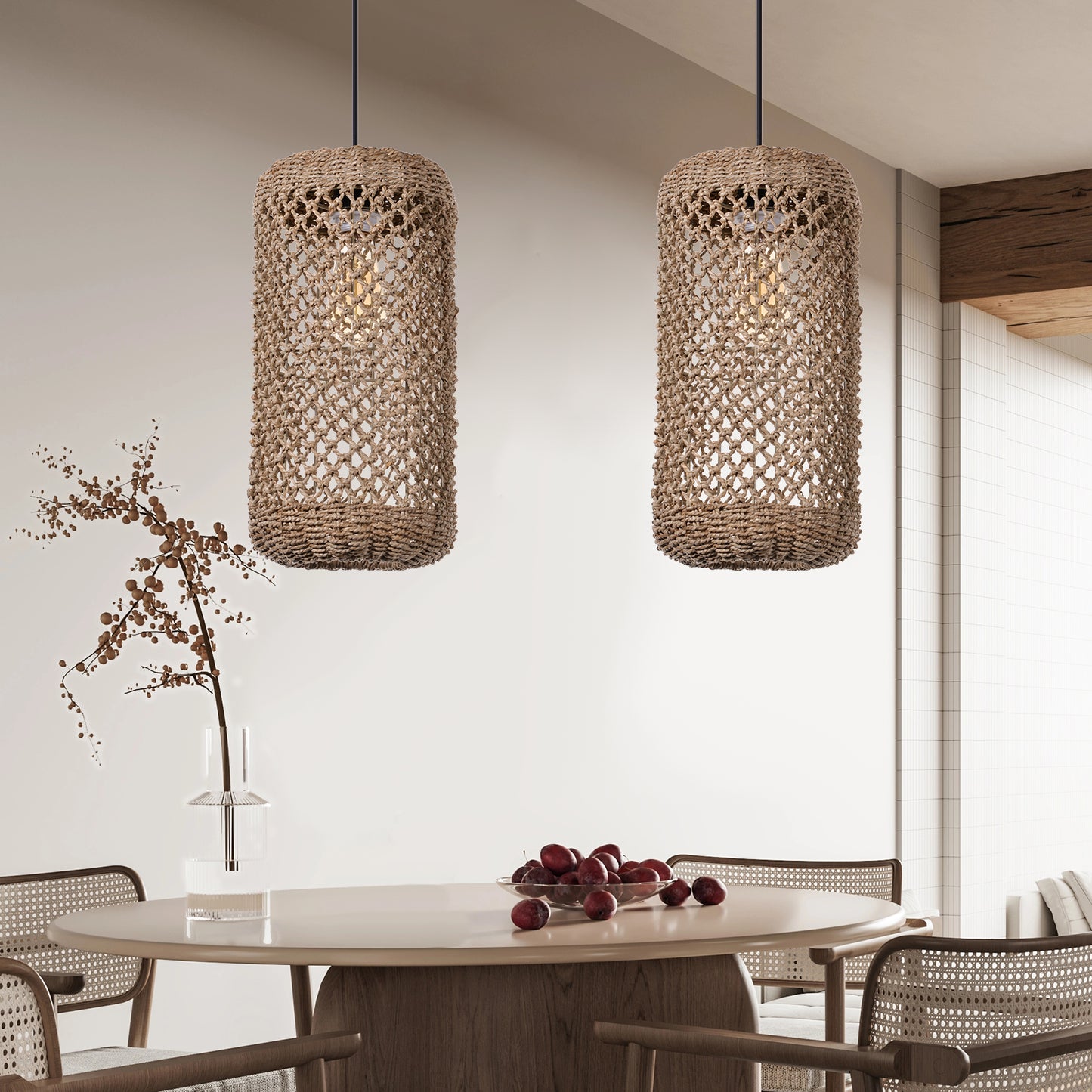 (Z)ARTURESTHOME Handmade Woven Rattan Pendant Light Boho Style Natural Fiber Hanging Lamp Rustic Ceiling Light Fixture