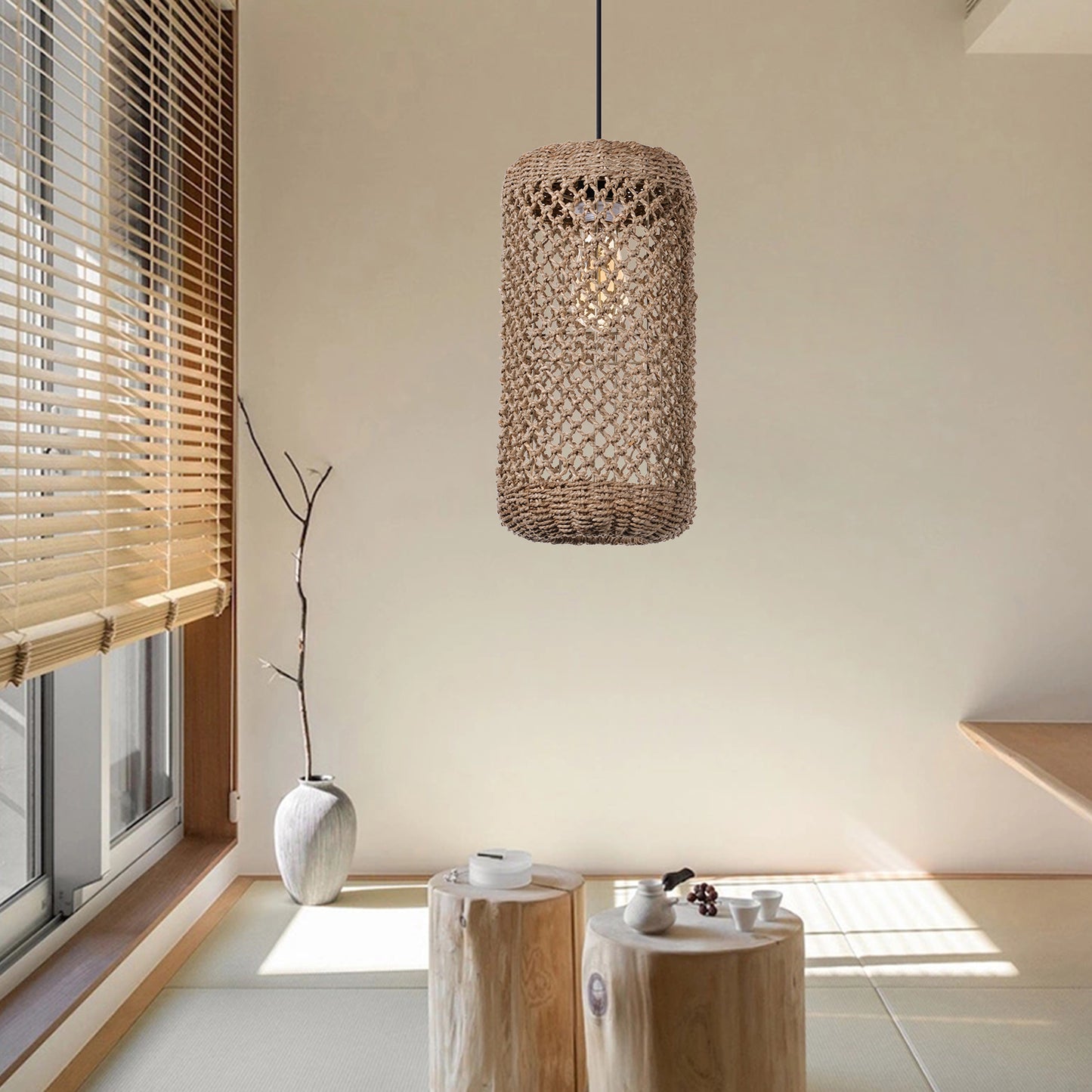 (Z)ARTURESTHOME Handmade Woven Rattan Pendant Light Boho Style Natural Fiber Hanging Lamp Rustic Ceiling Light Fixture