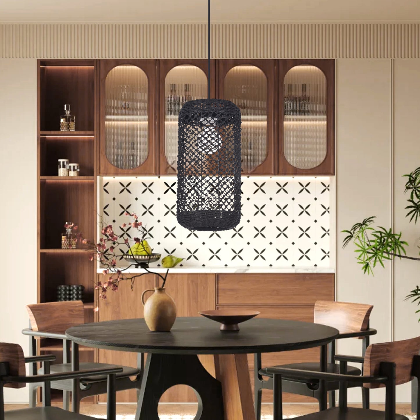 (Z)ARTURESTHOME Modern Black Woven Pendant Light Handcrafted Rattan Cylinder Hanging Lamp for Living Room Dining Room and Indoor Decor