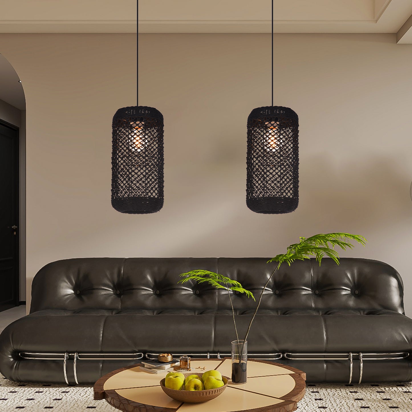 (Z)ARTURESTHOME Modern Black Woven Pendant Light Handcrafted Rattan Cylinder Hanging Lamp for Living Room Dining Room and Indoor Decor