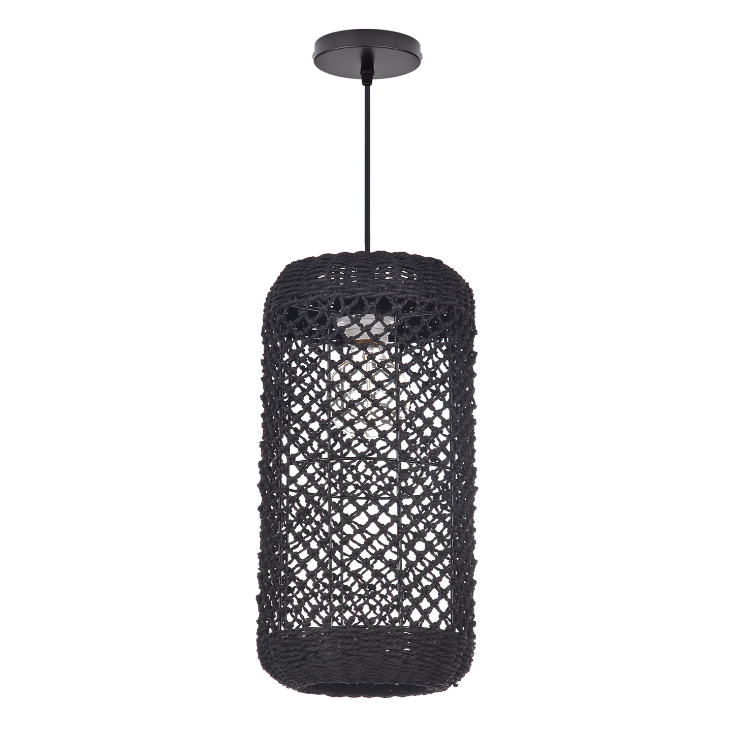 (Z)ARTURESTHOME Modern Black Woven Pendant Light Handcrafted Rattan Cylinder Hanging Lamp for Living Room Dining Room and Indoor Decor