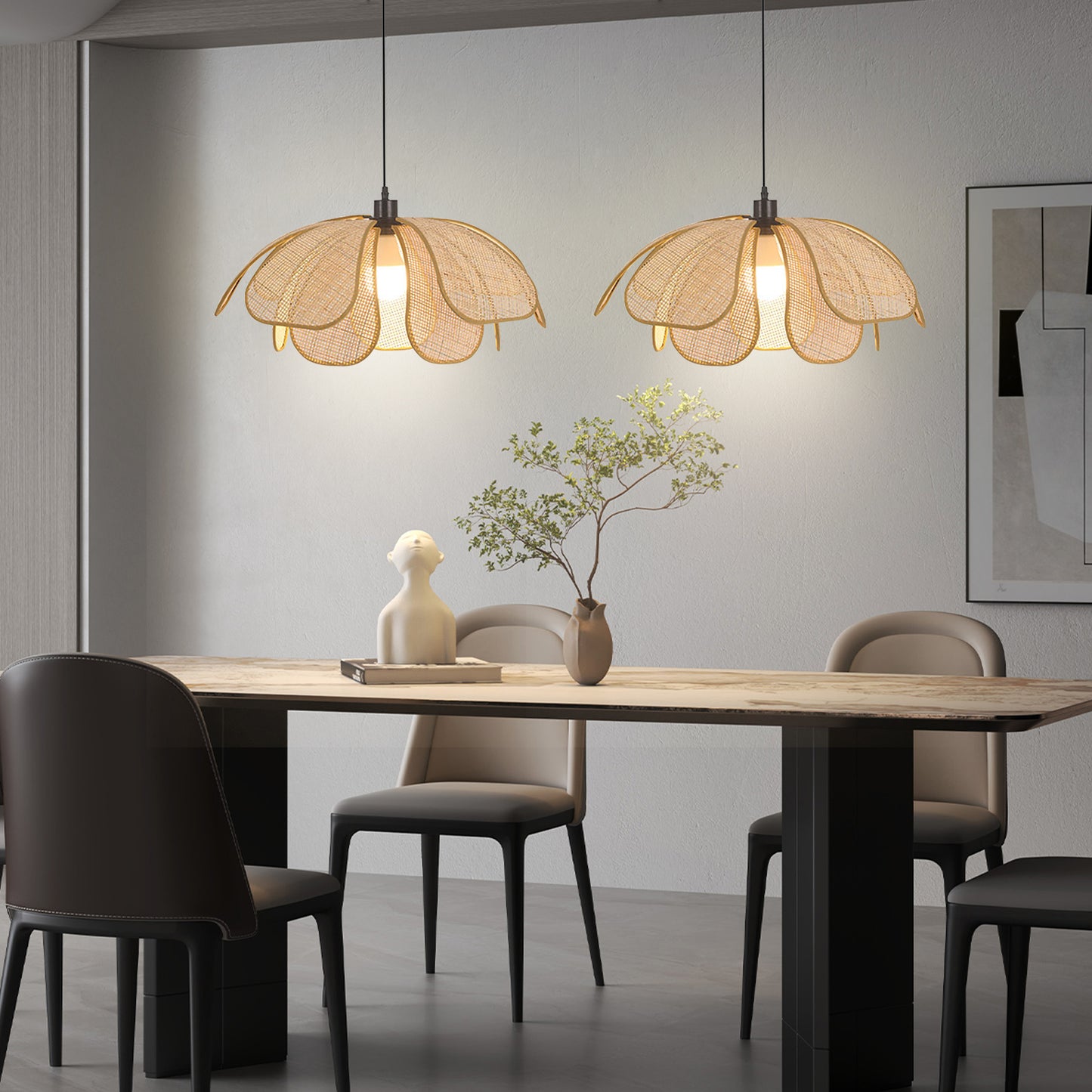 (Q)23.6 Inch Hand Woven Rattan Pendant Light, Bohemian Style Rattan Pendant Light, Suitable for Kitchen Island, Living Room, Bedroom