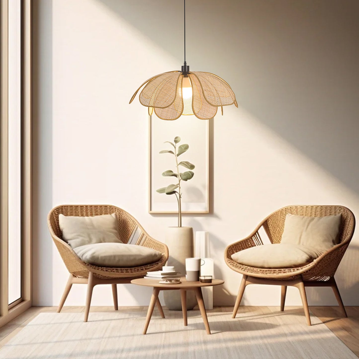 (Q)23.6 Inch Hand Woven Rattan Pendant Light, Bohemian Style Rattan Pendant Light, Suitable for Kitchen Island, Living Room, Bedroom