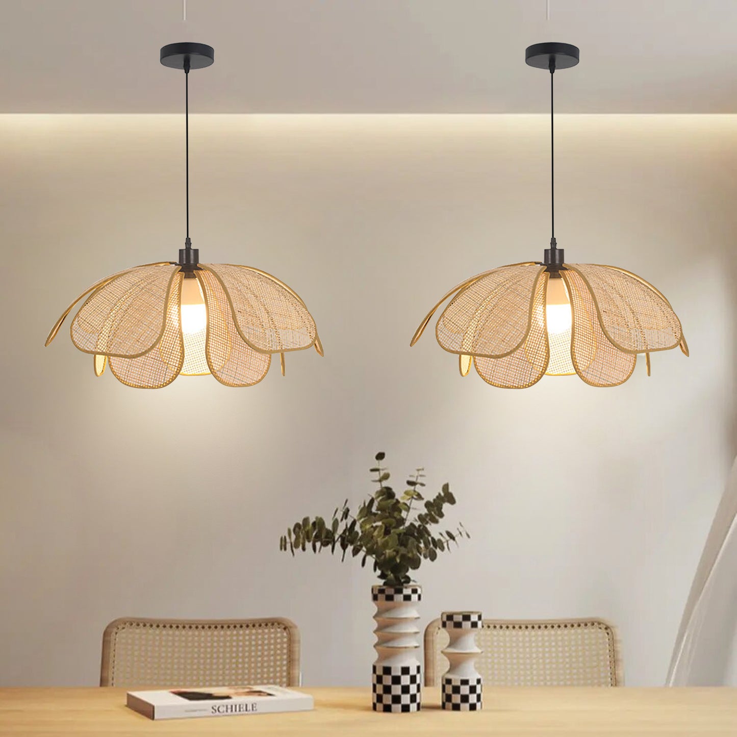 (Q)23.6 Inch Hand Woven Rattan Pendant Light, Bohemian Style Rattan Pendant Light, Suitable for Kitchen Island, Living Room, Bedroom