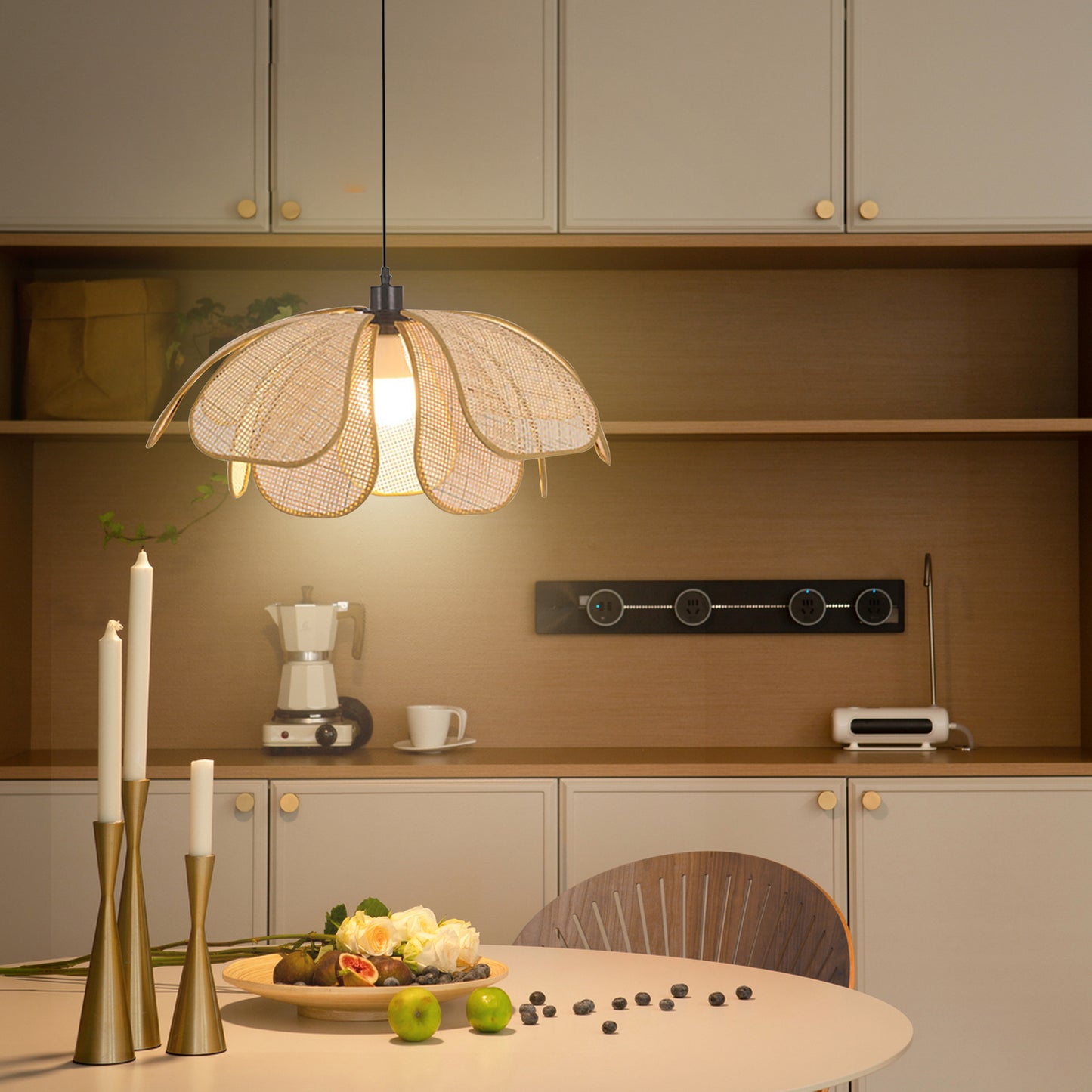 (Q)23.6 Inch Hand Woven Rattan Pendant Light, Bohemian Style Rattan Pendant Light, Suitable for Kitchen Island, Living Room, Bedroom