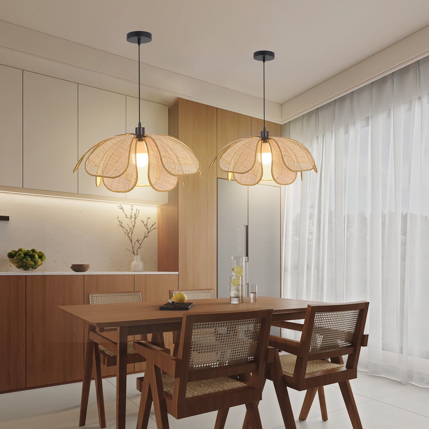 (Q)23.6 Inch Hand Woven Rattan Pendant Light, Bohemian Style Rattan Pendant Light, Suitable for Kitchen Island, Living Room, Bedroom