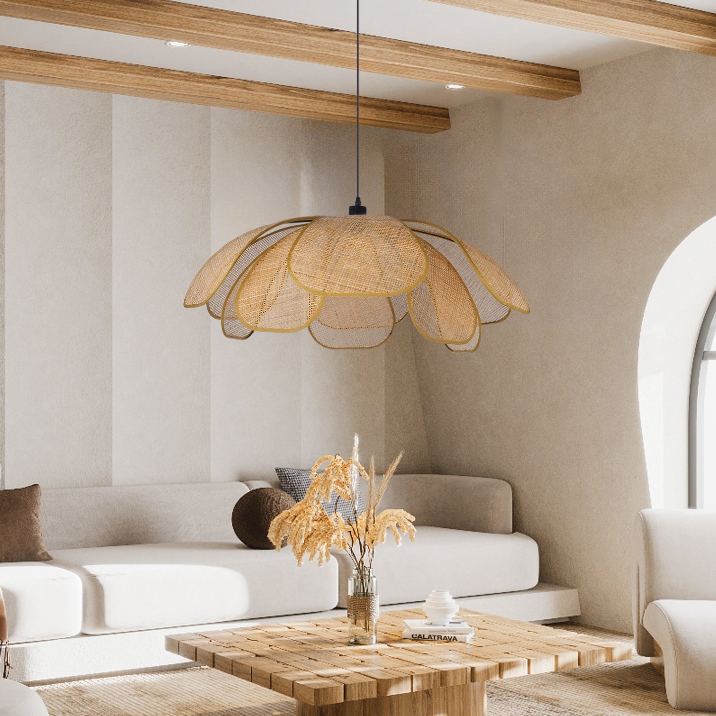 (Q)23.6 Inch Hand Woven Rattan Pendant Light, Bohemian Style Rattan Pendant Light, Suitable for Kitchen Island, Living Room, Bedroom