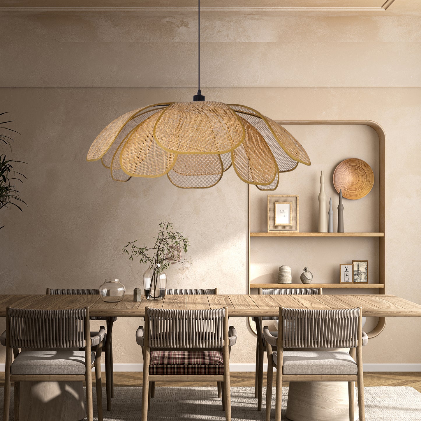 (Q)23.6 Inch Hand Woven Rattan Pendant Light, Bohemian Style Rattan Pendant Light, Suitable for Kitchen Island, Living Room, Bedroom