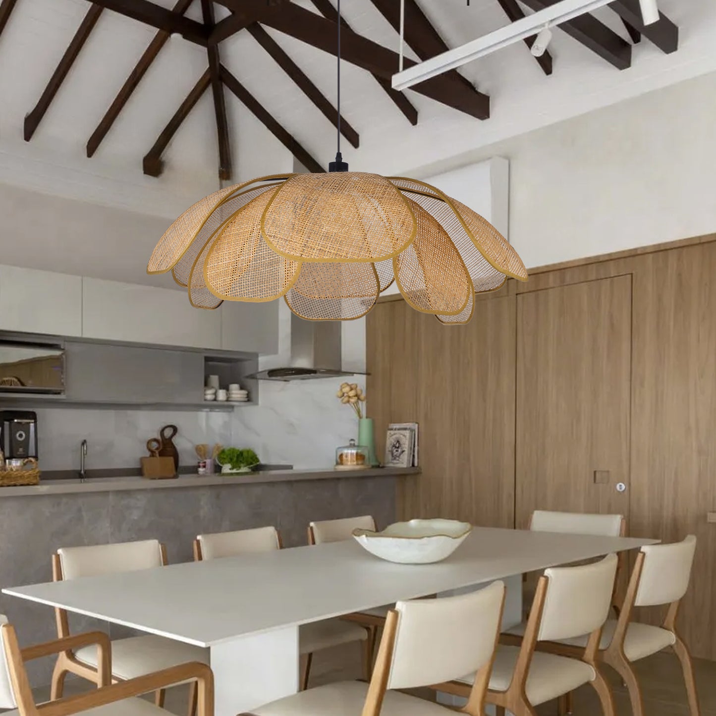 (Q)23.6 Inch Hand Woven Rattan Pendant Light, Bohemian Style Rattan Pendant Light, Suitable for Kitchen Island, Living Room, Bedroom