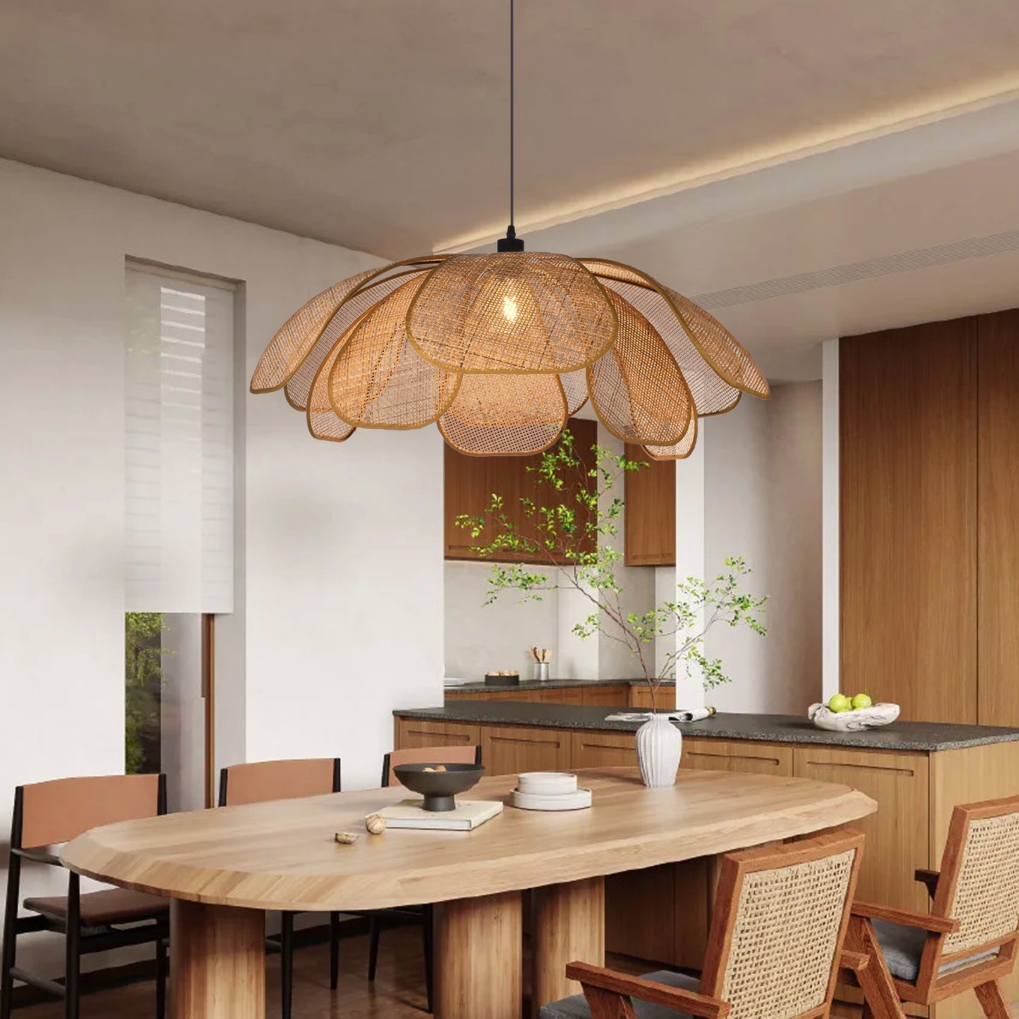 (Q)23.6 Inch Hand Woven Rattan Pendant Light, Bohemian Style Rattan Pendant Light, Suitable for Kitchen Island, Living Room, Bedroom