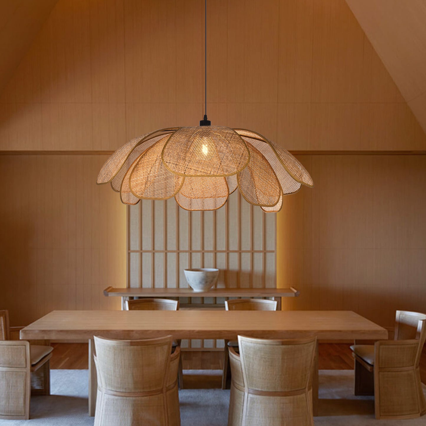 (Q)23.6 Inch Hand Woven Rattan Pendant Light, Bohemian Style Rattan Pendant Light, Suitable for Kitchen Island, Living Room, Bedroom