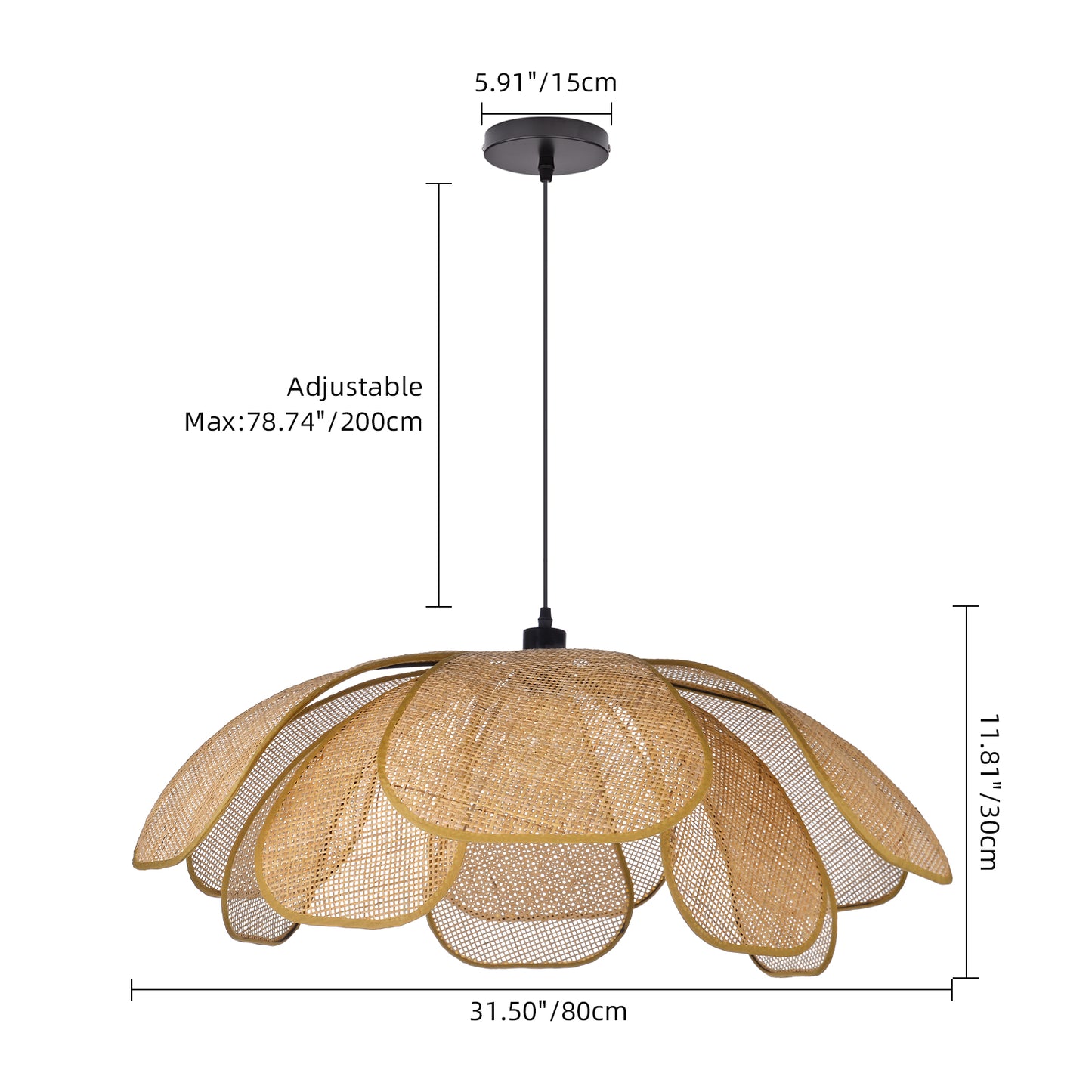 (Q)23.6 Inch Hand Woven Rattan Pendant Light, Bohemian Style Rattan Pendant Light, Suitable for Kitchen Island, Living Room, Bedroom