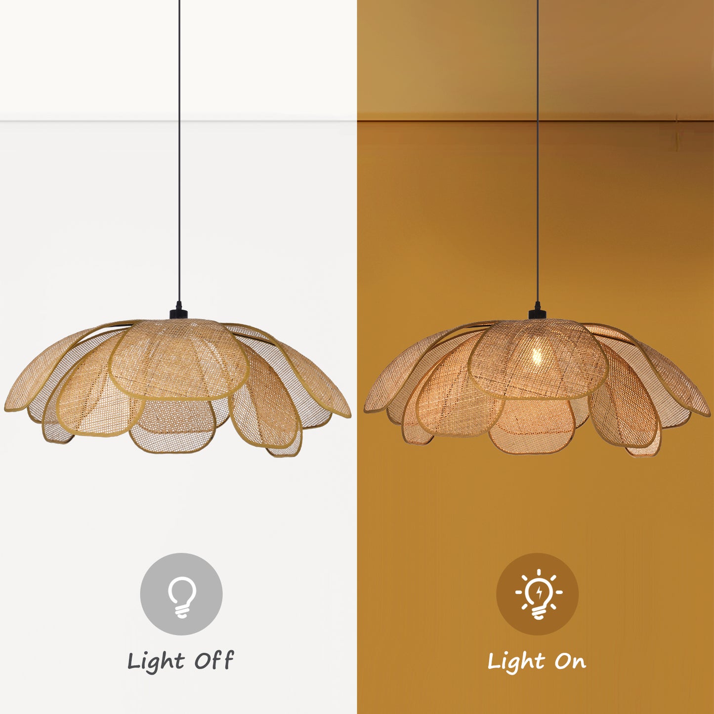 (Q)23.6 Inch Hand Woven Rattan Pendant Light, Bohemian Style Rattan Pendant Light, Suitable for Kitchen Island, Living Room, Bedroom