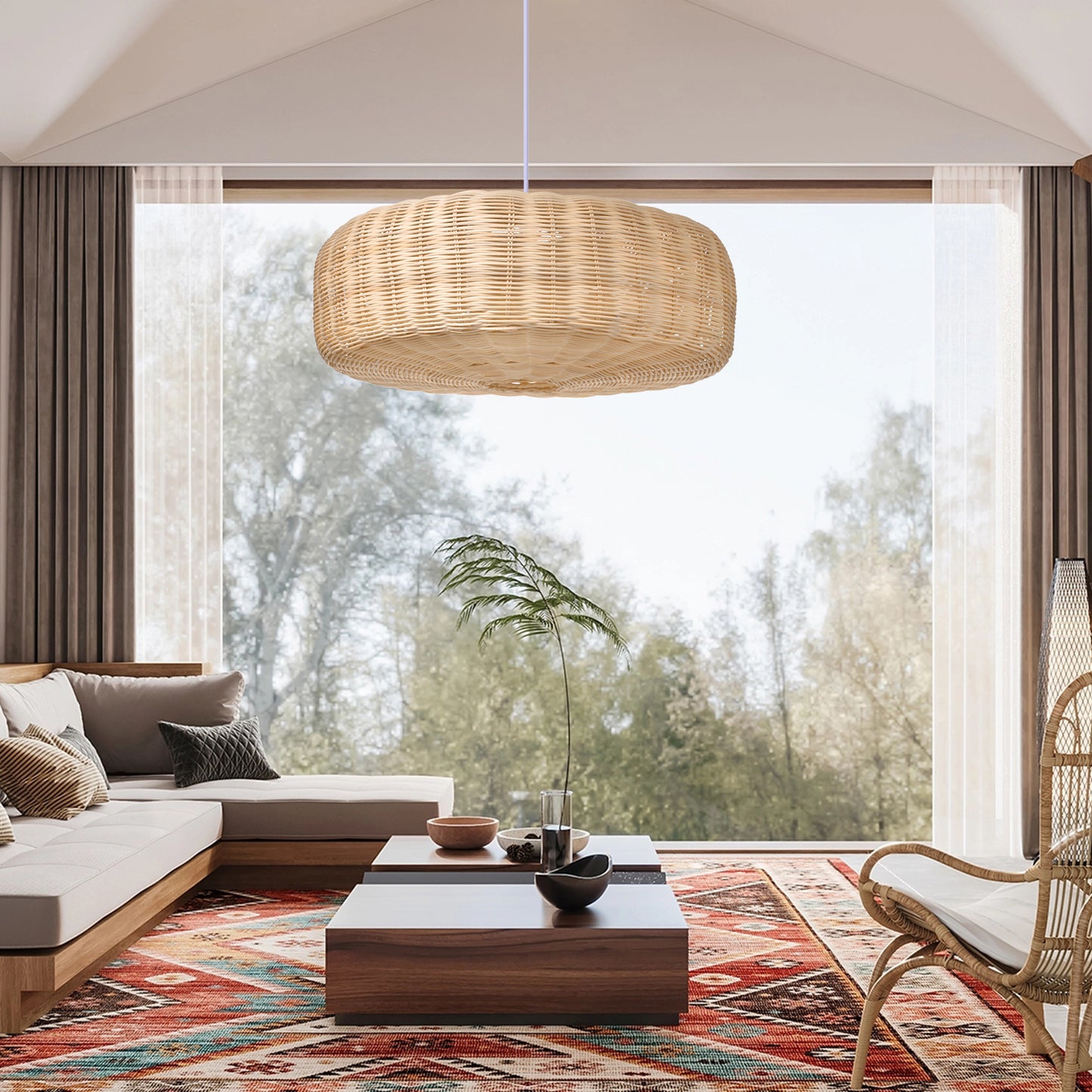 （Q)19.68 Inch Rattan Pendant Light, Bohemian Nest Shaped Lampshade Rattan Pendant Light, Suitable for Bedrooms, Living Rooms, Kitchens, Islands