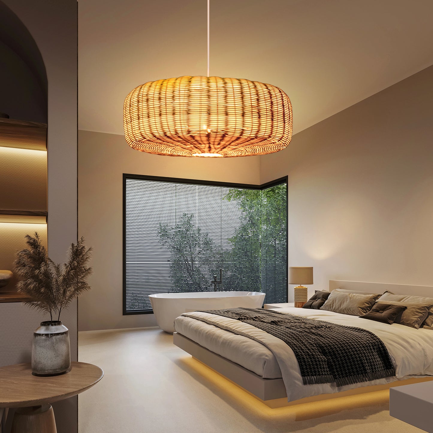 （Q)19.68 Inch Rattan Pendant Light, Bohemian Nest Shaped Lampshade Rattan Pendant Light, Suitable for Bedrooms, Living Rooms, Kitchens, Islands