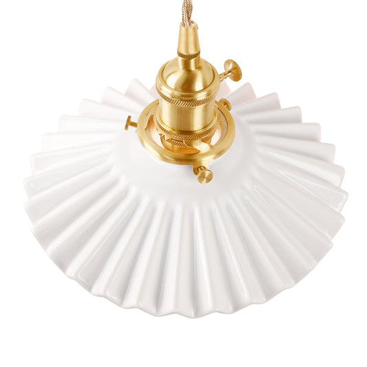 (Y)Chandelier with White Pleated Ceramic Brass Vintage Chandelier Adjustable Pendant for Kitchen Island Dining Room Hallway 7.87 Inch Diameter